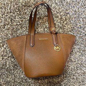 Michael Kors suede leather handbag saddle tan nubuck tote bag with gold details